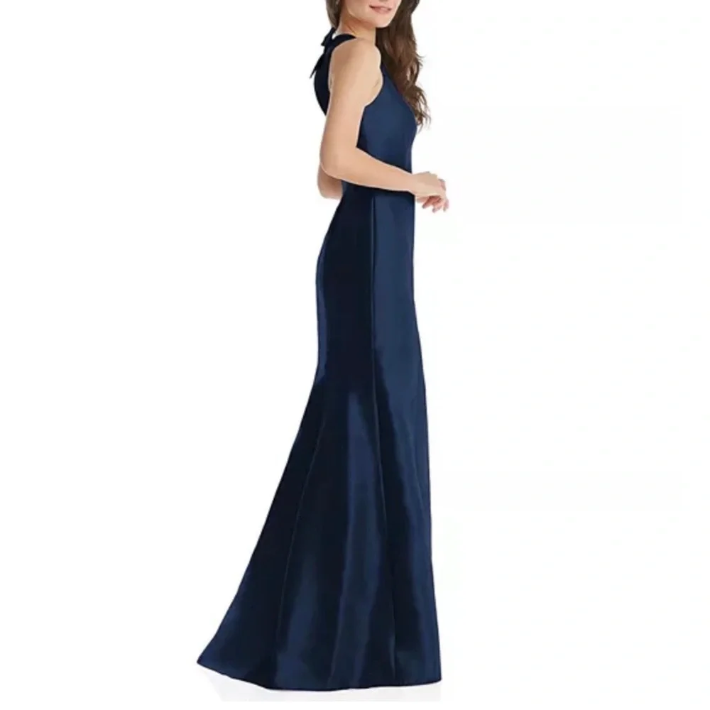 Alfred Sung Bow Open Back Trumpet Gown Blue Jewel Neck Front Slit Size 4 D734 - Picture 5 of 10